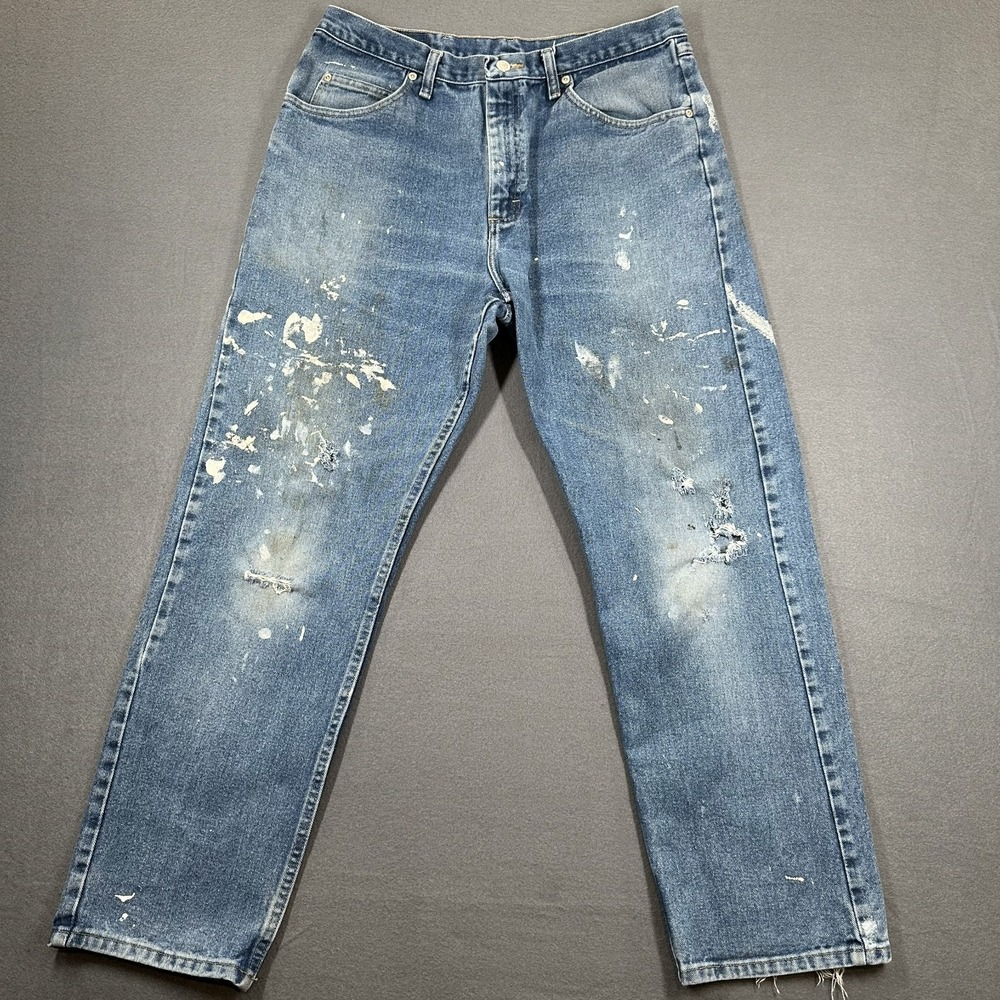 Wrangler Jeans Mens 35x32 Blue Denim Straight‎ Leg Relaxed Fit Distressed Retro